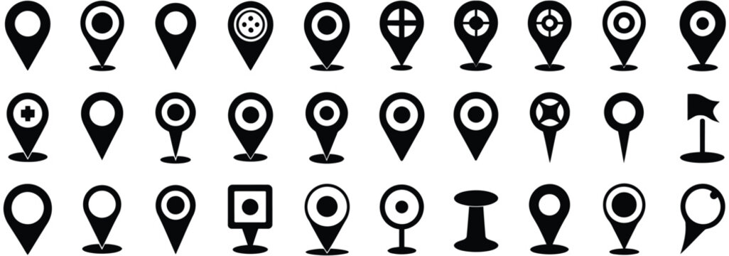 Location map pin icons, flat style marker pointers for GPS navigation, geolocation services, route planning applications, mapping platforms, and destination guidance, vector, designs