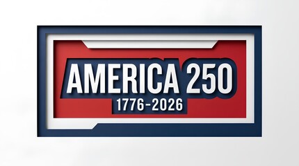 Fototapeta premium Clean layered papercut badge with bold America 250 and 1776-2026 text in navy red and white, minimalist patriotic design for USA anniversary branding.
