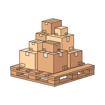 A stack of brown cardboard boxes sits neatly on a wooden shipping pallet