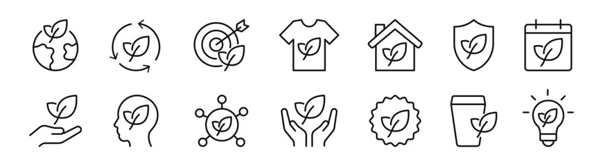 Obraz premium Eco Sustainability Line Icons Set With Leaf Nature Environment Symbols