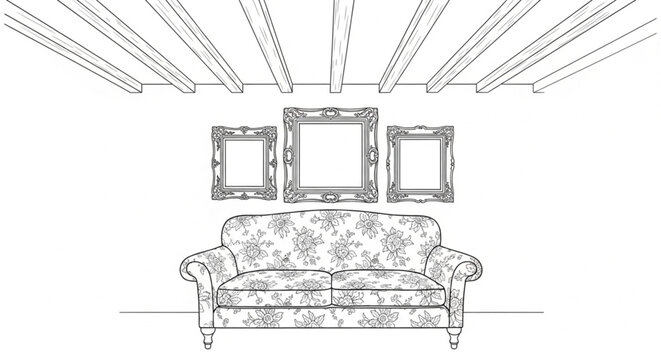 Sofa with floral pattern and armrests.
