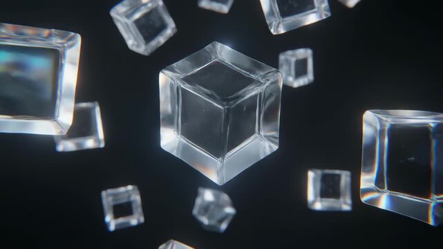 Abstract floating glass cubes with glowing light reflections.