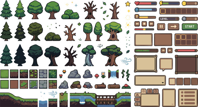 Pixel Art Game Asset Kit with Forest Trees, Nature Tilemap, Level Platform Elements, and Wood User Interface UI Button Vectors