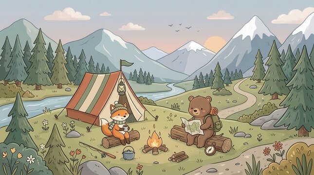 A fox and bear camp near a river in mountains at sunset. They sit by a fire, reading a map