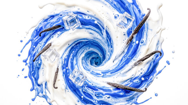 Liquid vortex swirl of blue matcha latte and white milk cream.