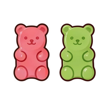Gummy Bears Candy Illustration, Red and Green Jelly Bear Sweets in Cartoon Style, Cute Confectionery Icons
