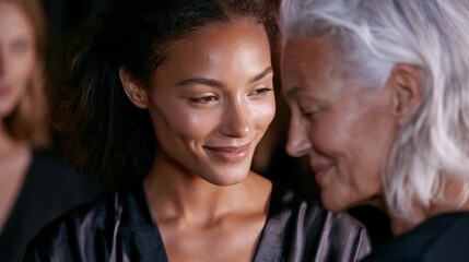 Fototapeta premium Close-up portrait of a young woman with dark hair, smiling at an older woman who is looking at her with a gentle expression.