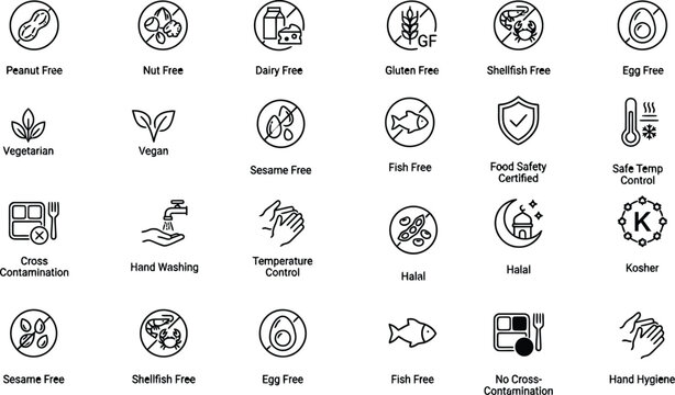 Vector icon set of dietary food allergen labels restaurant safety certifications and hygiene kitchen practices with descriptive text guidelines