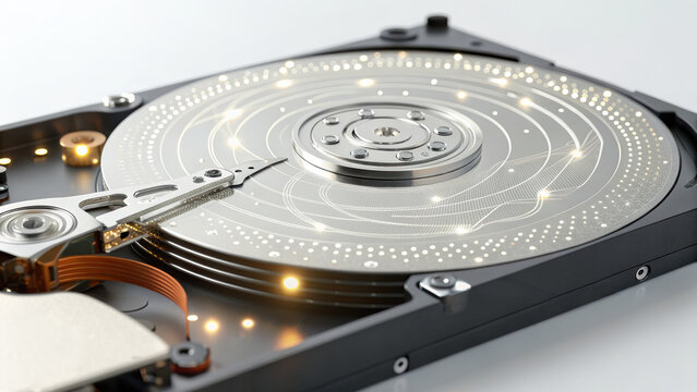 Orbital data center concept with hard disk drive showing shiny circular patterns and futuristic light effects on metallic surface