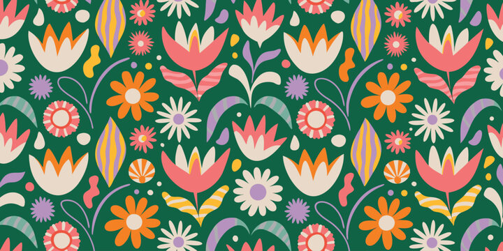 Retro sixties style floral seamless pattern with flat abstract flowers and leaves.