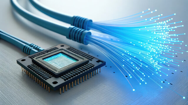 Fiber optic cables transmit orbital data with glowing microchip in data center, highlighting advanced technology and fast communication