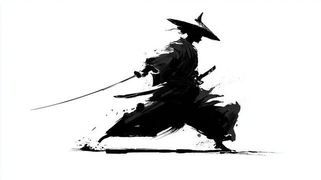 カタナを構えて抜刀の構えをとるかっこいい侍の水墨画風シルエットイラスト