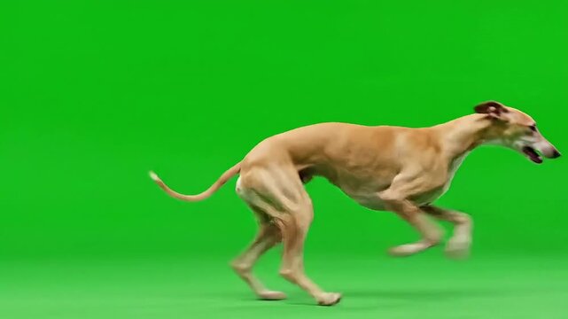 Elegant sighthound dog in full stride against a vibrant green screen backdrop