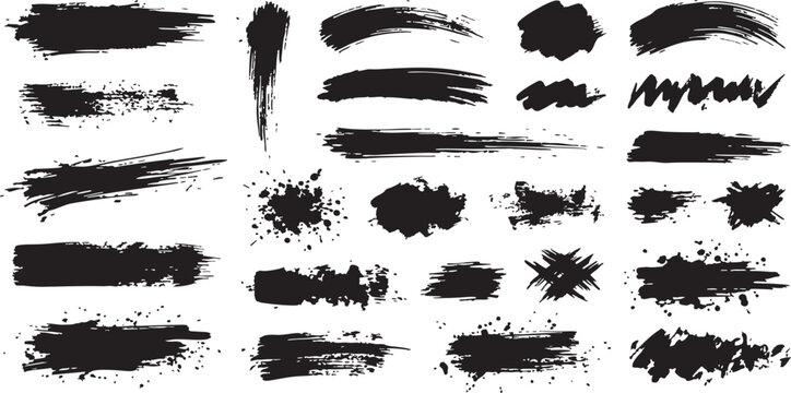 Diverse collection of black brush strokes and splatter textures for artistic design projects
