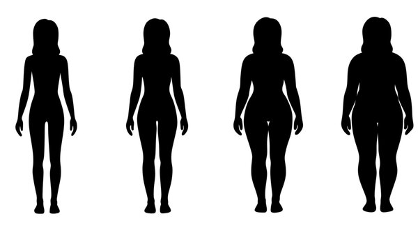 Black silhouettes of four female body types side-by-side, ranging from thin and hourglass shapes to curvy and plus-size figures