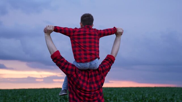 Father and son having fun together in green cornfield at sunset, Happy childhood moments with family in nature, father lifting son up, Man carrying boy on shoulders, sunset background, green field