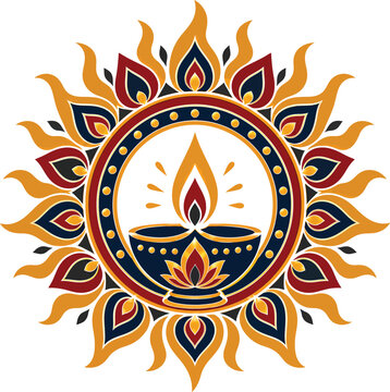 Beautiful diwali diya lamp illustration with traditional mandla sun rays pattern on transparent background for hindu festival.