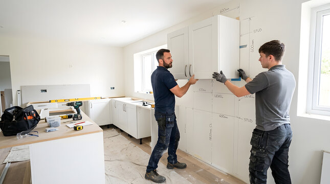 Professional Kitchen Fitters Installing Wall Cabinets | Home Renovation and Improvement Project | Two Carpenters Working on Modern Kitchen Interior | Construction and Joinery Services