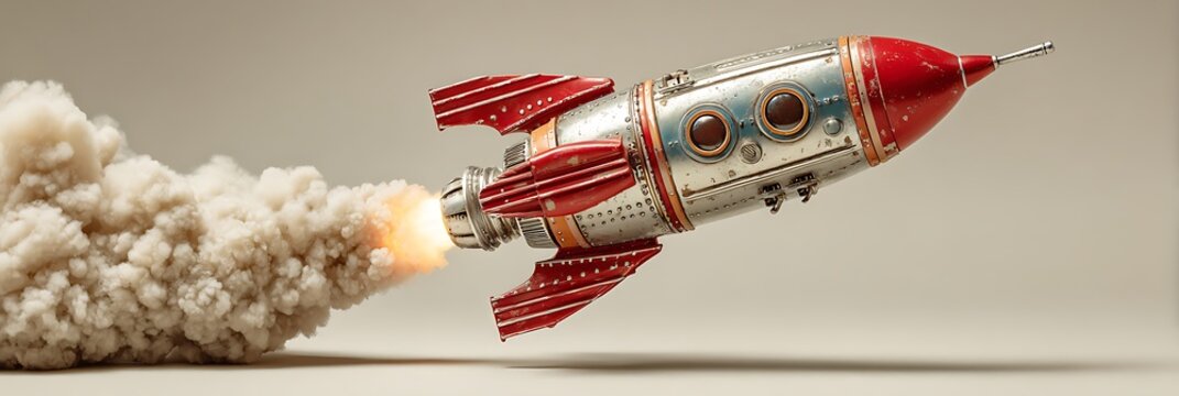 Retro metallic toy rocket ship blasting off with realistic smoke and fire trail against a clean studio background symbolizing business growth and creative exploration