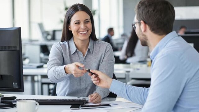 Professional Businesswoman Handing USB Flash Drive to Male Colleague in Modern Office