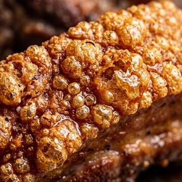 Blistered crispy pork belly crackling skin macro food texture