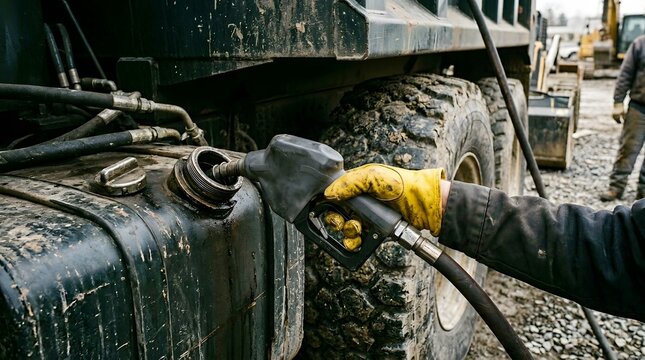 Worker in yellow glove holding fuel pump nozzle filling heavy machinery diesel fuel tank bay.