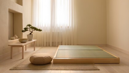Fototapeta premium Minimalist Japanese Zen Meditation Room Bonsai Tatami Cushion Natural Light