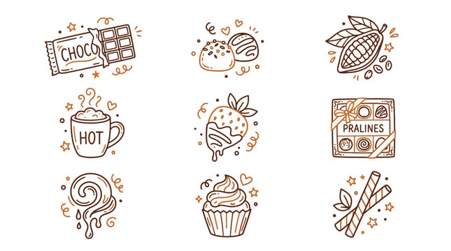 Hand-drawn doodle icons of various chocolate treats and cocoa products, including a chocolate bar, truffles, hot chocolate, dipped strawberry, and a cupcake.