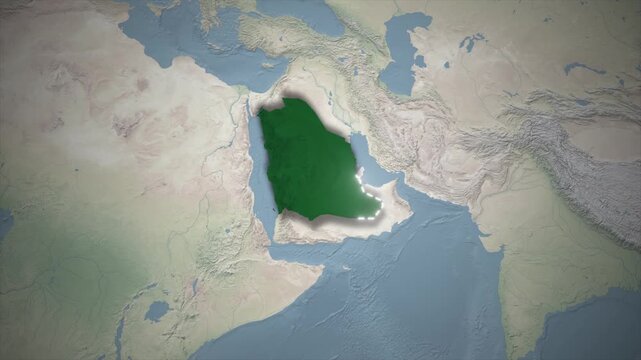 3D Saudi Arabia Map Highlight Animation on Realistic Topographic World Map