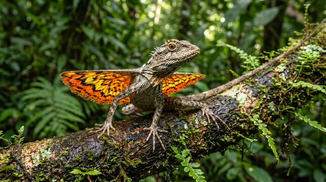 Exotic Flying Dragon Lizard Draco Volans on Tropical Tree Branch(Varanus komodoensis).