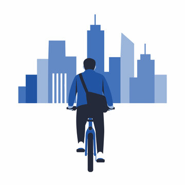 A man riding a bicycle toward a modern city.