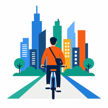 A man riding a bicycle towards the city.