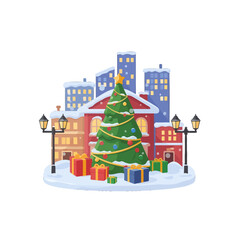 Fototapeta premium A decorated evergreen tree stands in a snowy city square during the winter season