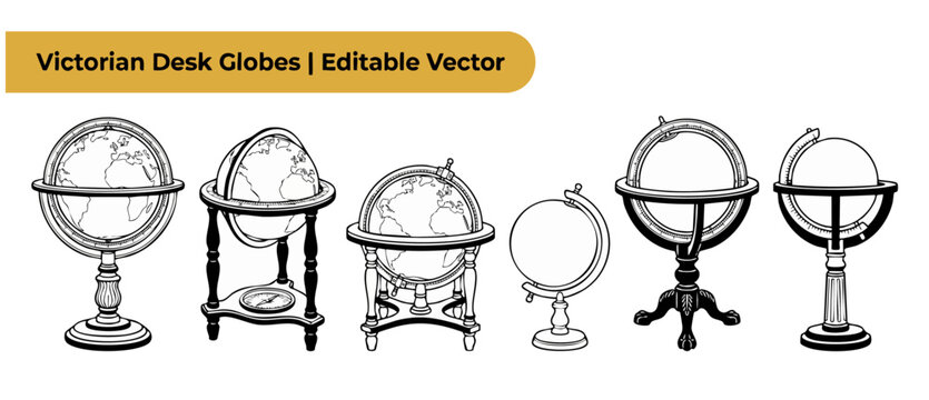 Victorian desk globe vector set features vintage line art illustrations of antique terrestrial globes on wood stands for historic map designs and retro educational projects with detailed engraving sty