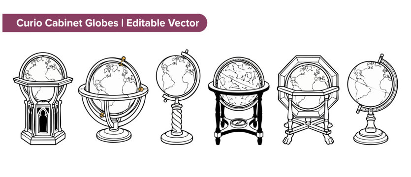 Vintage globe vector line art set of antique curio cabinet globes with ornate wooden stands, old retro terrestrial and celestial world map spheres for education, decoration, and history design.