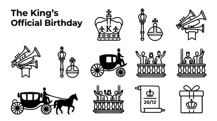 Obraz premium The King's Official Birthday Icons: Crown, Carriage, Trumpets, Royal Family, Scroll