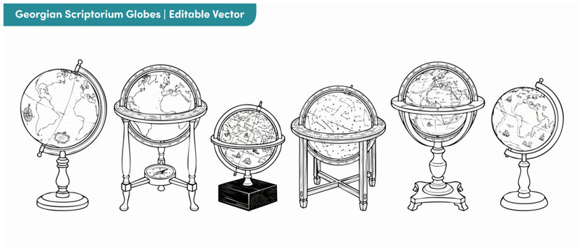 Vintage globe vector line art collection of historical Georgian scriptorium globes, celestial star maps, and antique terrestrial sphere models on wooden stands for academic study and classic design.