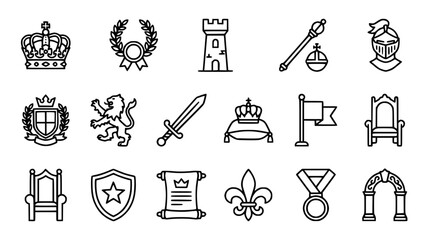 Royal Symbols Icon Set: Crown, Castle, Sword, Knight Helmet, Throne, Shield, Crest © Susu