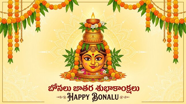 Happy Bonalu festival greeting vector banner design with Goddess Mahakali face, traditional pot (Bonam), oil lamp, marigold flower garlands, and Telugu typography