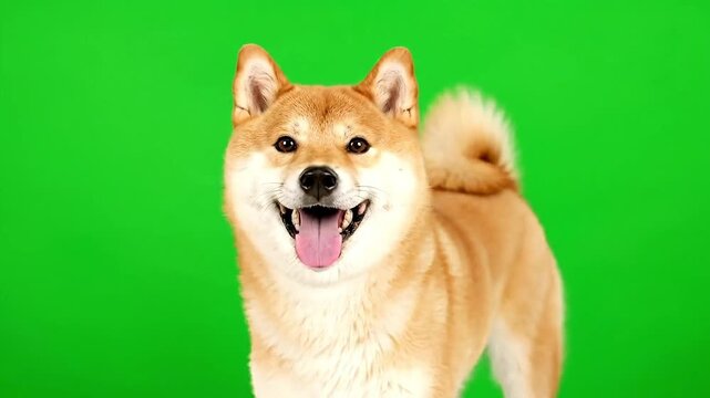 Joyful Shiba Inu dog with open mouth and tongue out against a vibrant green backdrop.