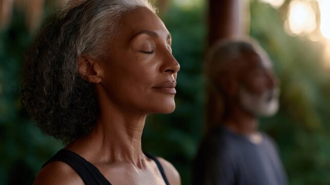 Close-up of a woman's face with her eyes closed and her head tilted slightly upwards. she appears to be in a peaceful and meditative state.