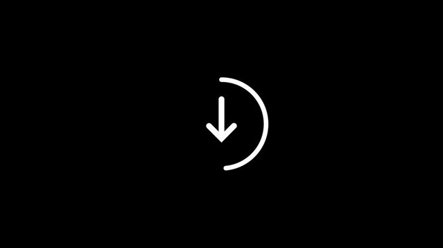 Animated download icon looping motion graphic element, white circular progress loading bar, downward arrow internet transfer symbol on black background 4k video loop.