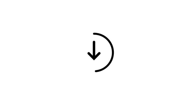 Animated download icon looping motion graphic element, white circular progress loading bar, downward arrow internet transfer symbol on white background 4k video loop.