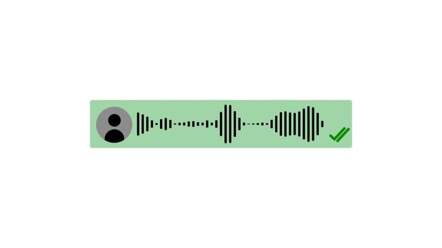 Animated voice message chat bubble looping motion graphic, green audio note waveform UI element, whats app social media communication symbol on white background 4k video.
