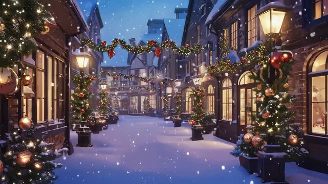 Magical Christmas street at night with falling snow and festive holiday decorations Ai HD video.
