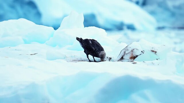 Black crow or raven foraging on a snowy and icy arctic landscape