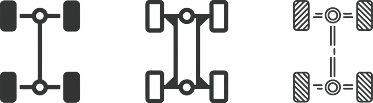 Car Chassis and Drivetrain Icons Featuring Automotive Axle, Wheel System, Suspension, and Vehicle Engineering Symbols