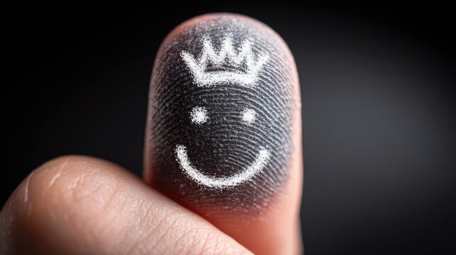 Fingerprint with crown and smiley face on dark background
