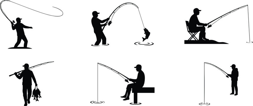 Fishing Silhouette Vector Set Featuring Anglers Casting Rods Catching Fish and Recreational Outdoor Activity Icons