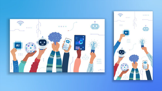 Diverse Hands Holding AI Tools Empowering Workforce Digital Transformation Business